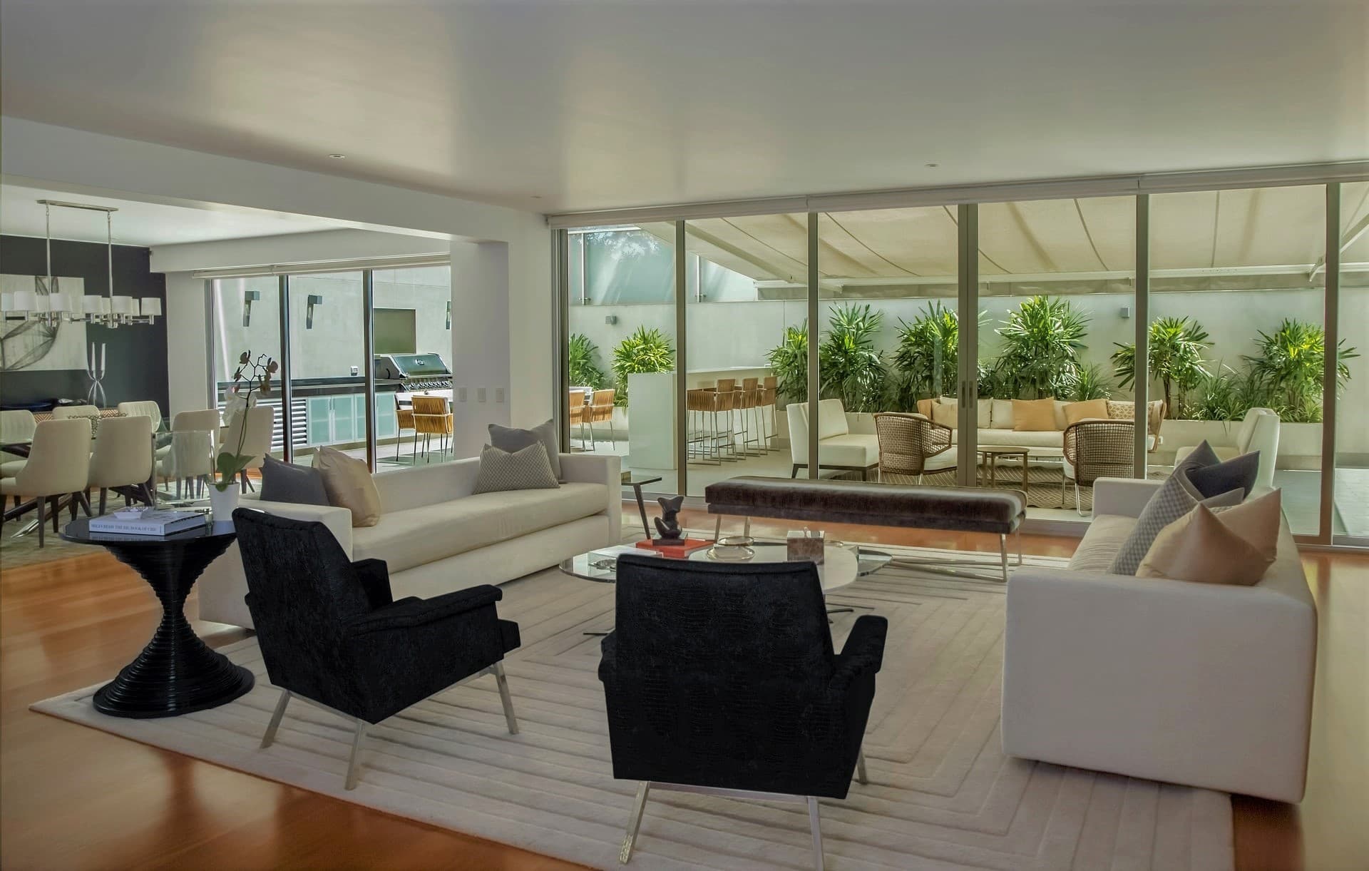 A background of a modern living room, with a plant next to a sofa with many cushions, and a coffee table in front.